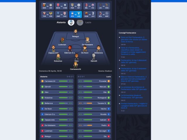 Schermata con la formazione tipo di Atalanta-Lazio aggiornata in tempo reale da Fantacalcio.it